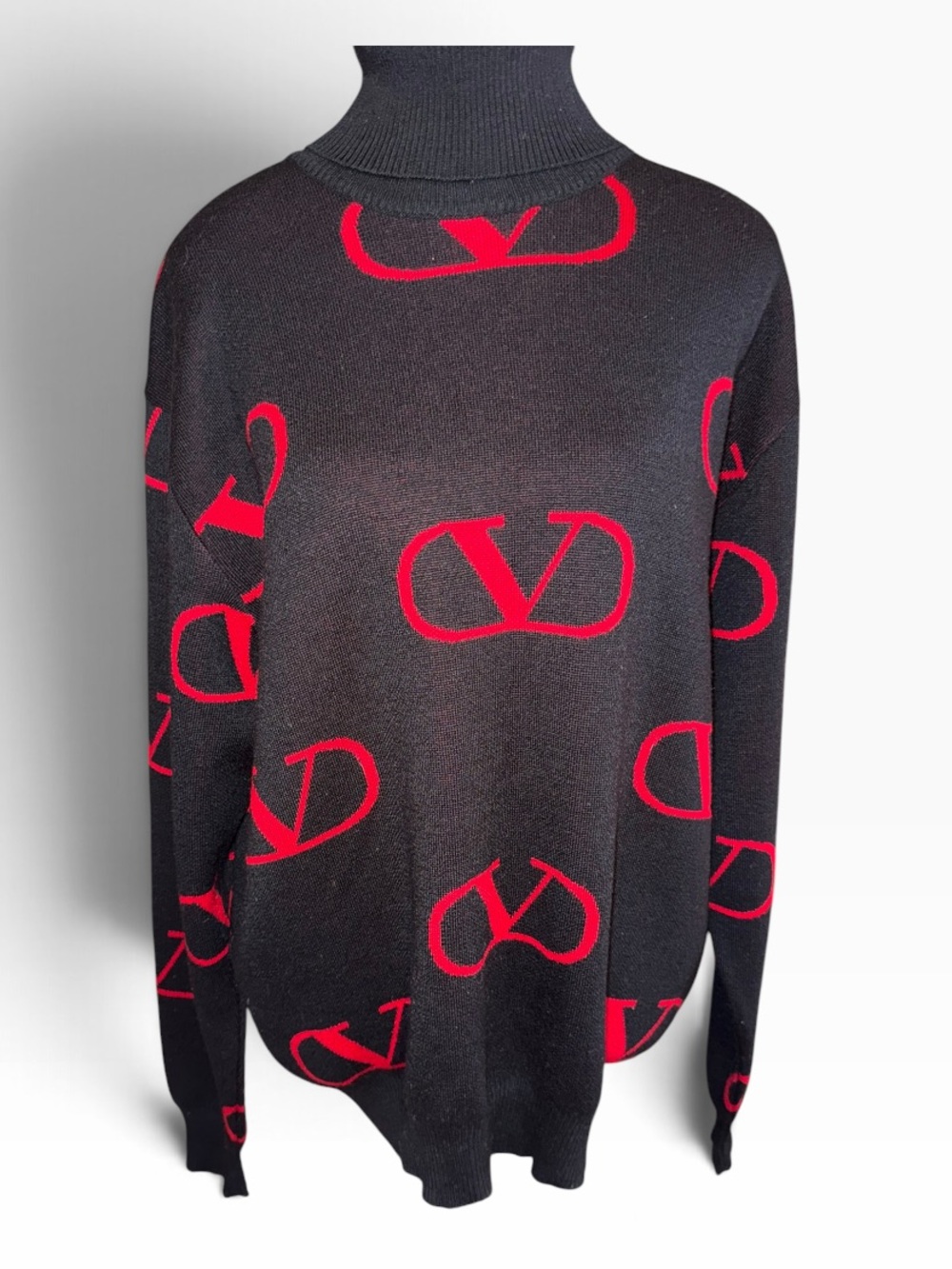 Vintage Valentino Studio Sweater V Logo Turtleneck Merino Wool Italy Black Red